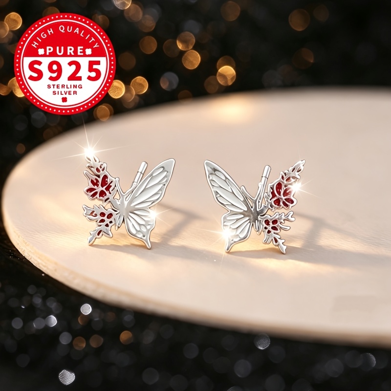 Women's S925 Sterling Silver Irregular Red Leaf Butterfly Stud Earrings
